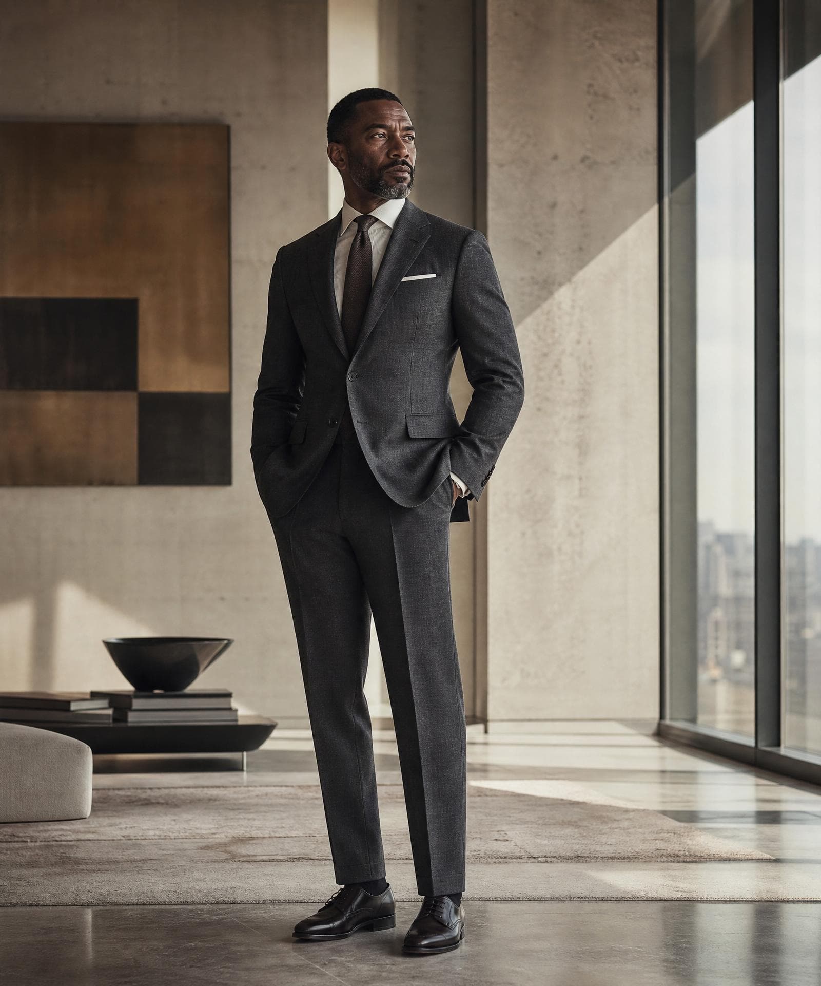 Dirigeant africain en costume noir, architecture moderne